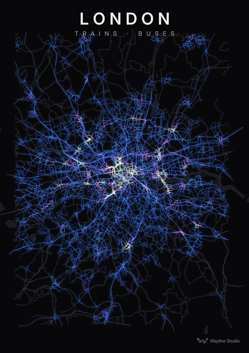 london custom map poster, luminous transport routes on black