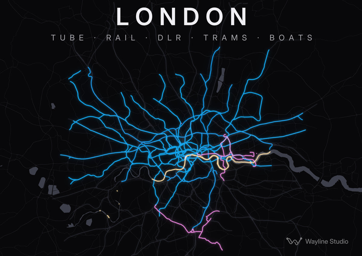 London custom map poster with Tube, rail, DLR, trams and boats