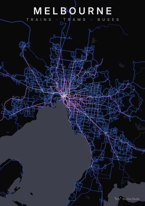 melbourne custom map poster, luminous transport routes on black