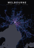 melbourne custom map poster, luminous transport routes on black