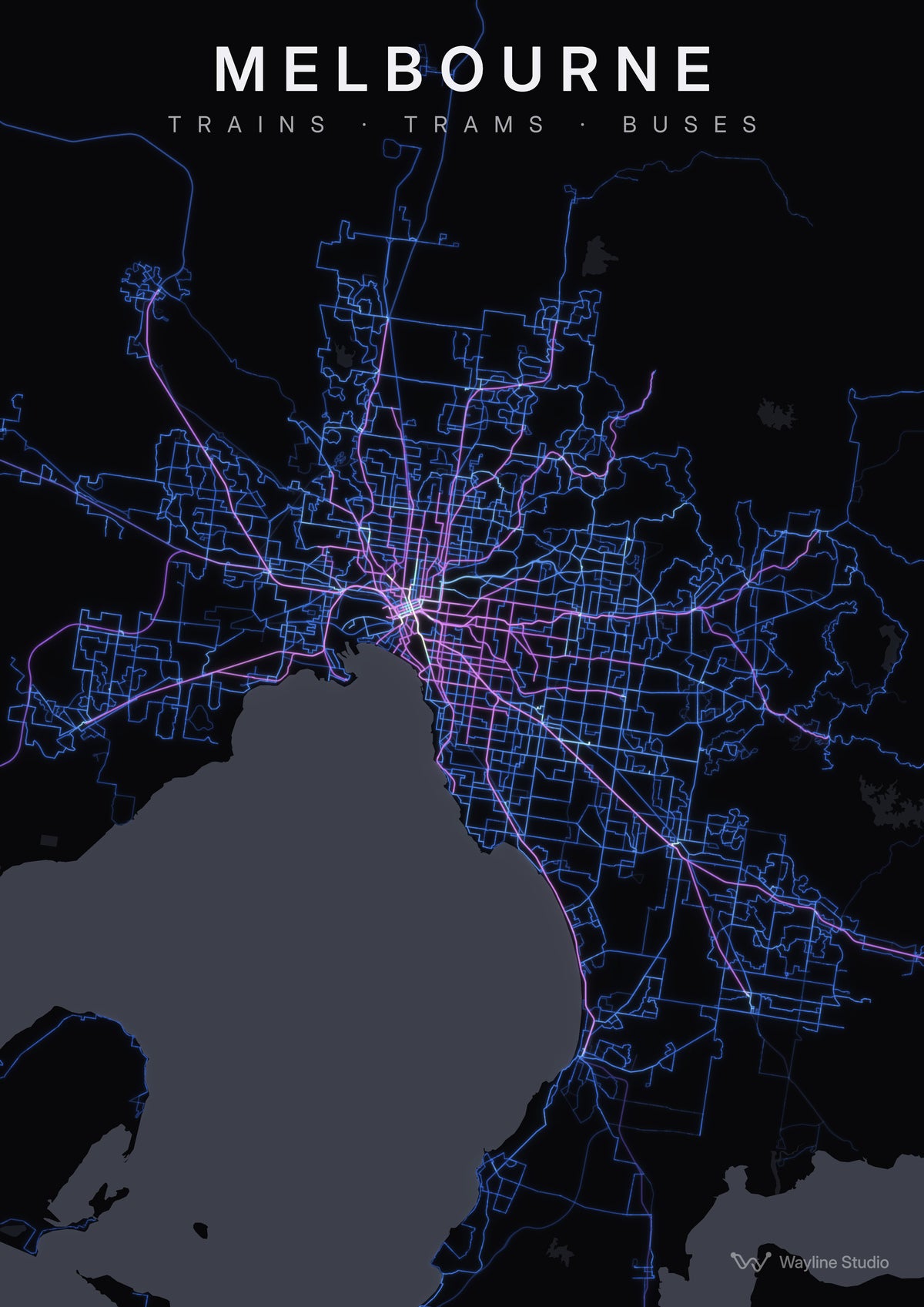 melbourne custom map poster, luminous transport routes on black