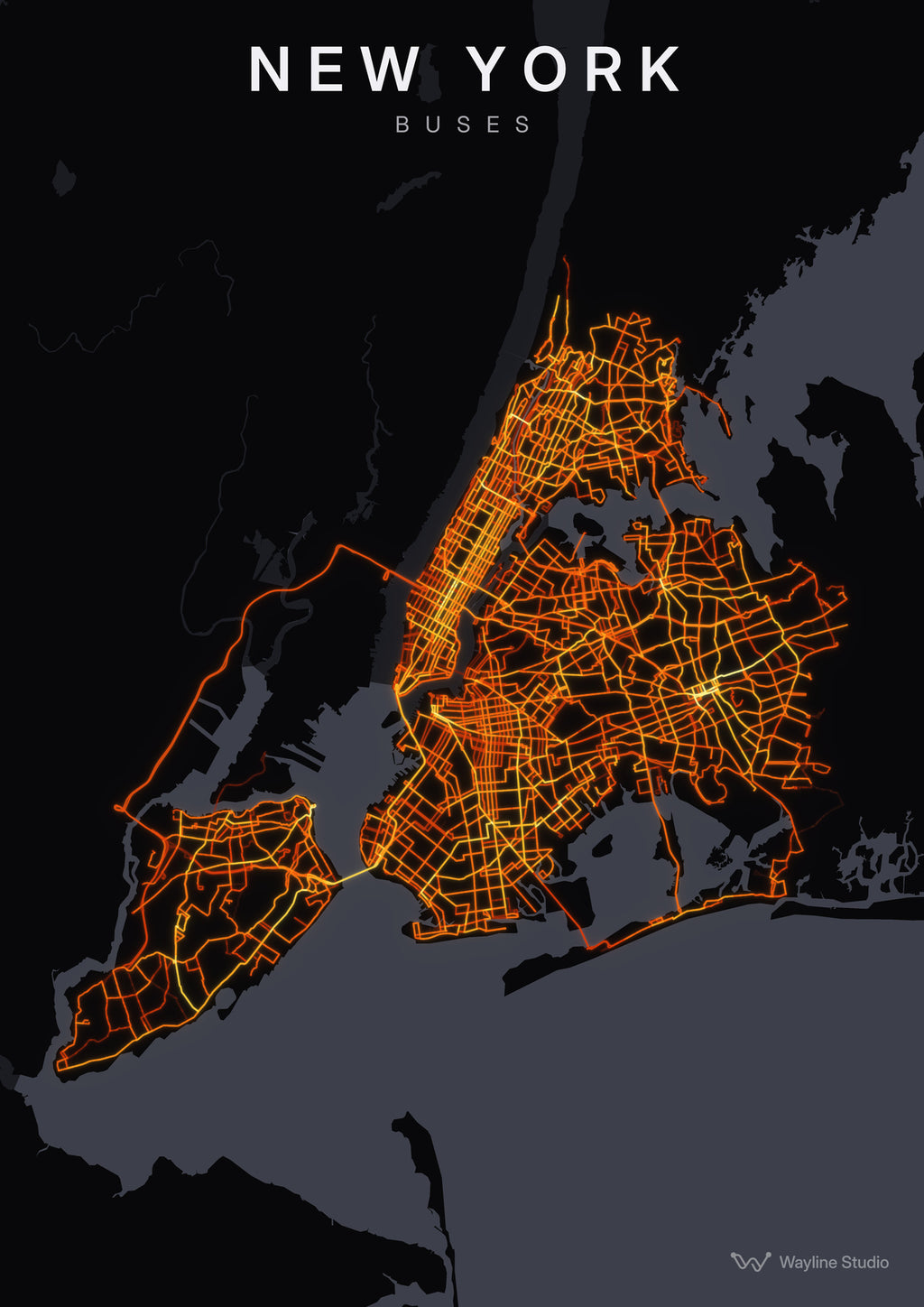 new york custom map poster, luminous transport routes on black