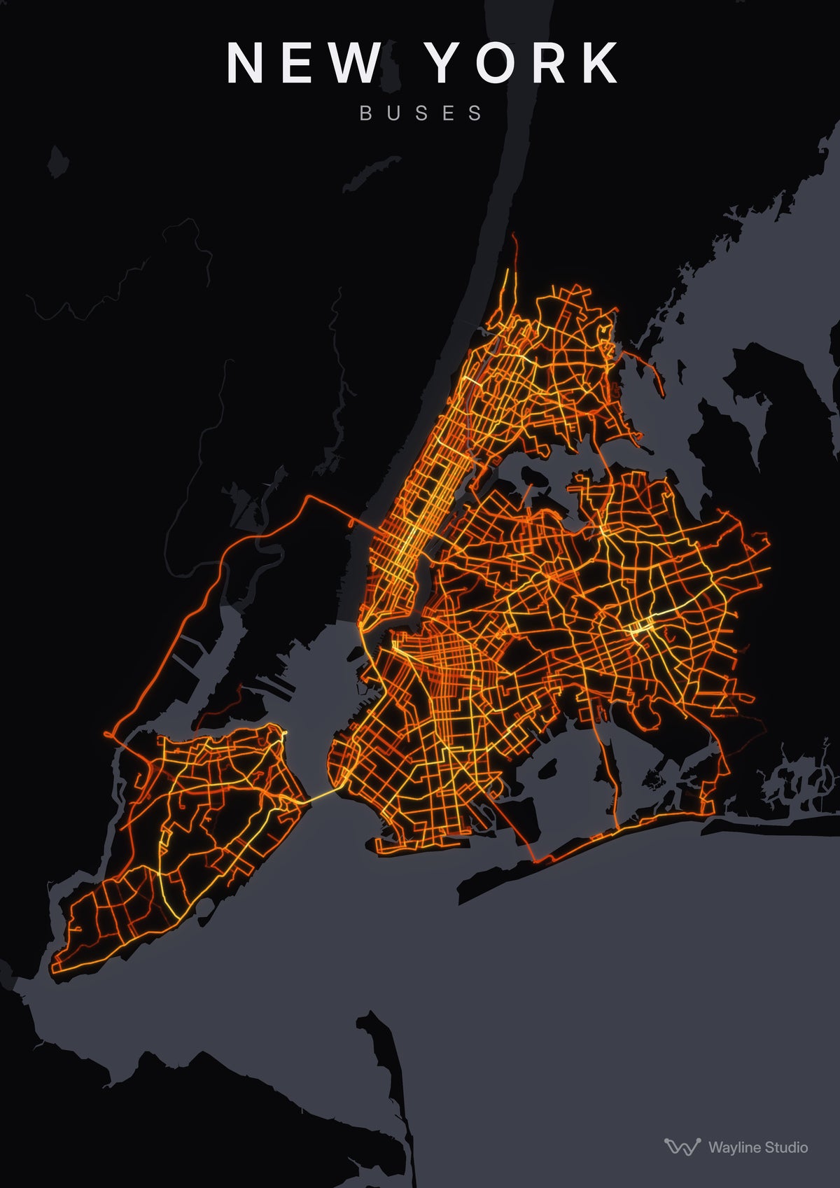 new york custom map poster, luminous transport routes on black