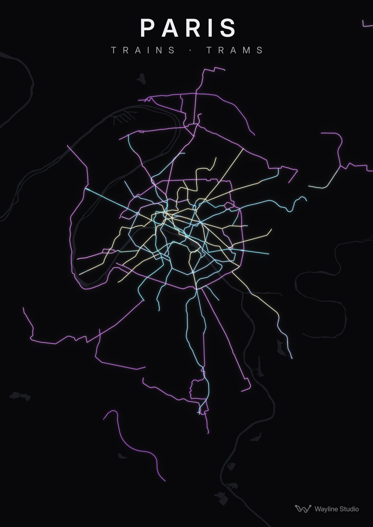 paris custom map poster, luminous transport routes on black