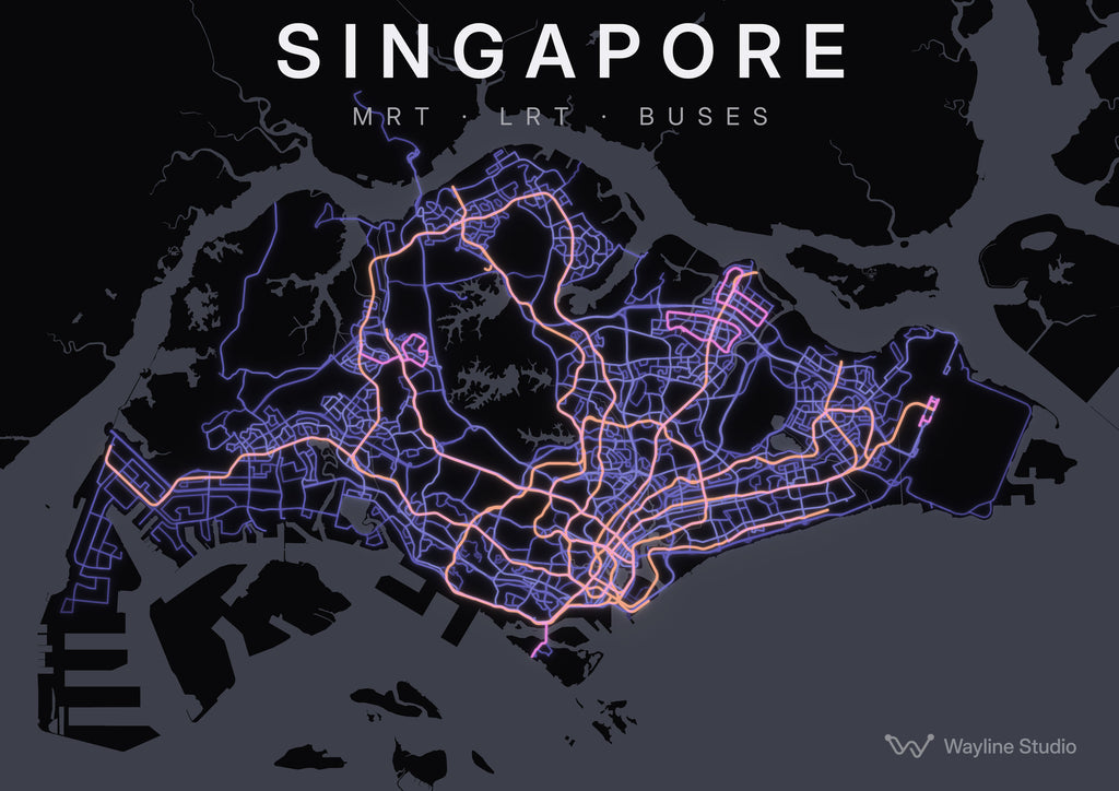 singapore custom map poster, luminous transport routes on black