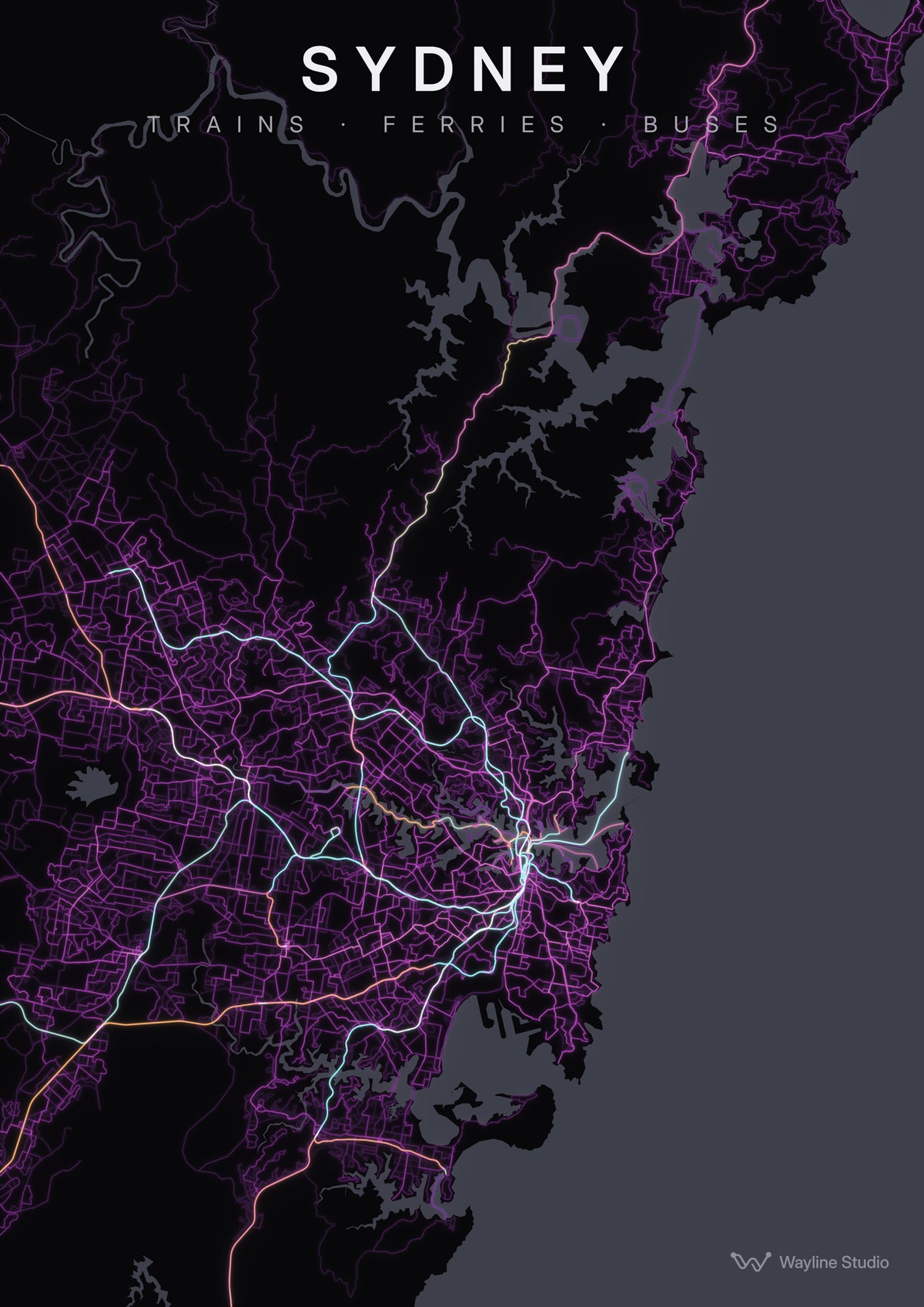 sydney custom map poster, luminous transport routes on black
