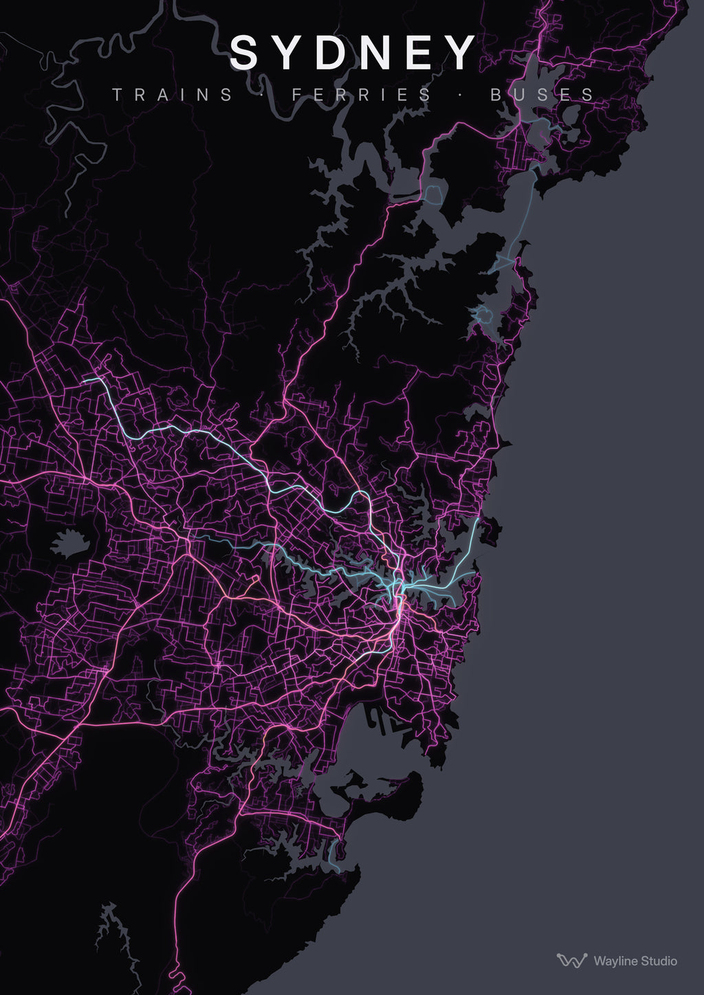 sydney custom map poster, luminous transport routes on black