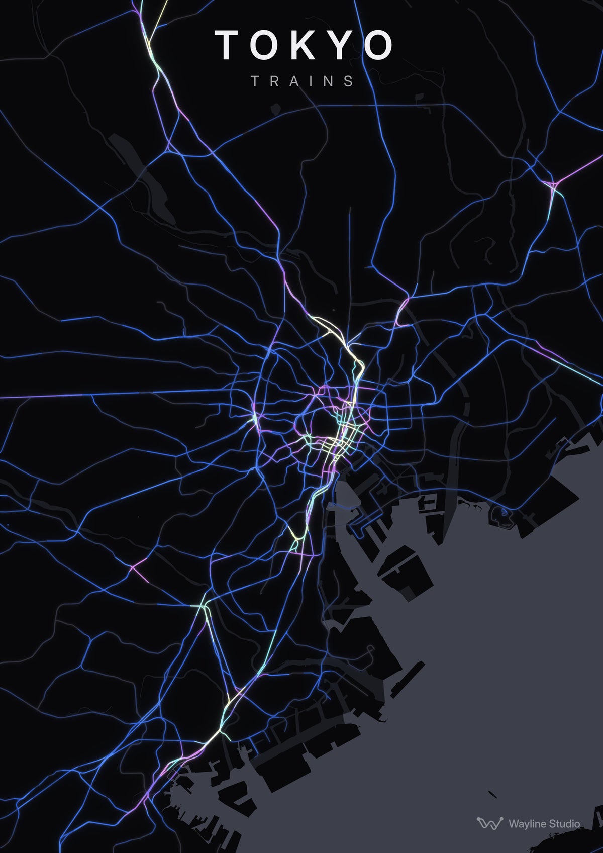 tokyo custom map poster, luminous transport routes on black